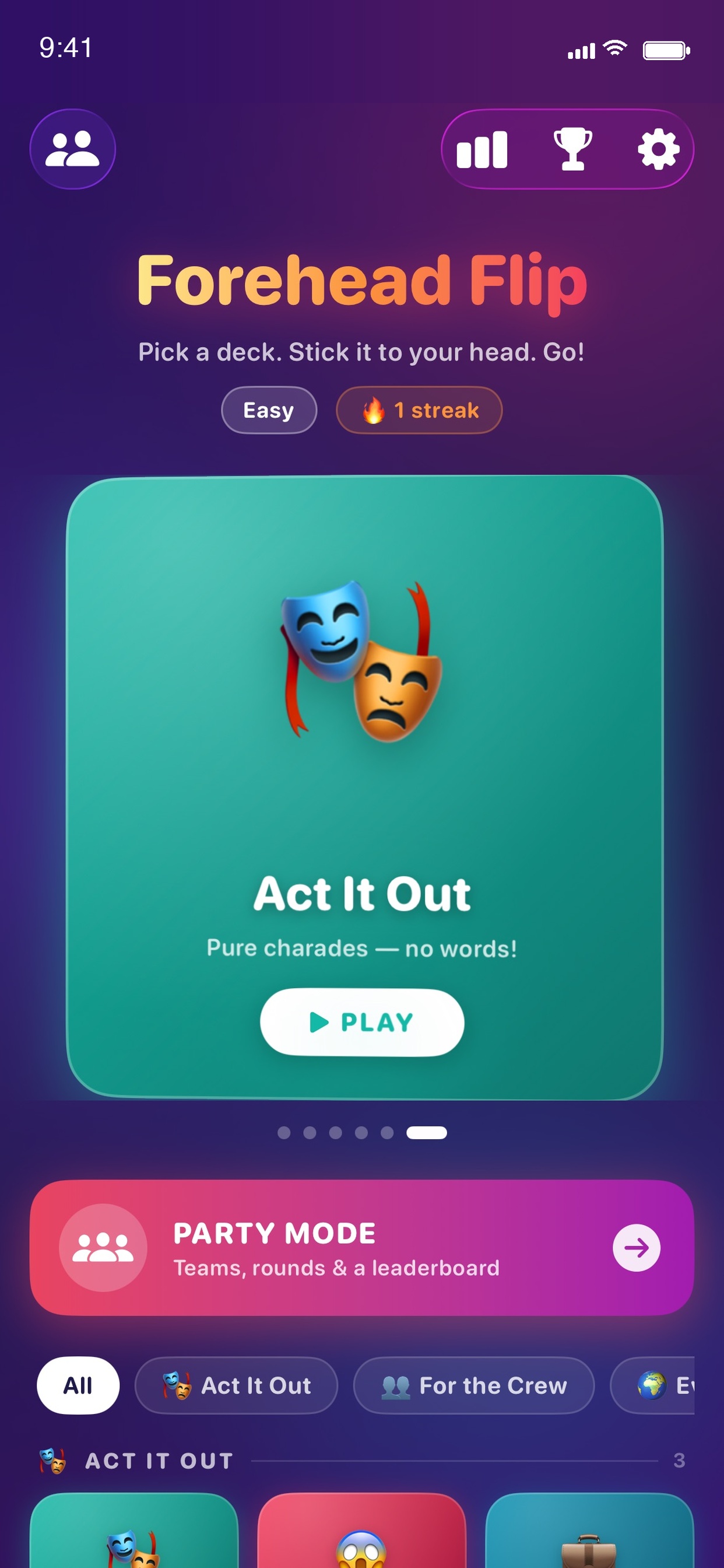 Forehead Flip home screen with deck picker