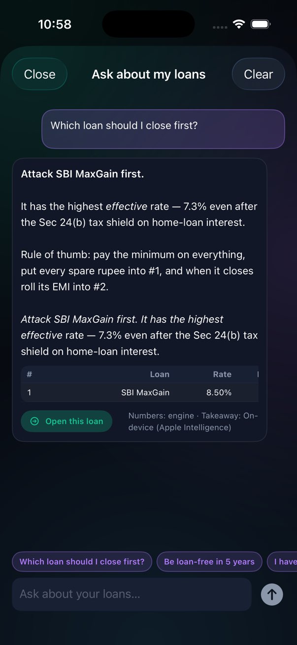 An answer to 'Which loan should I close first?' with the avalanche-order table and an Open this loan button.