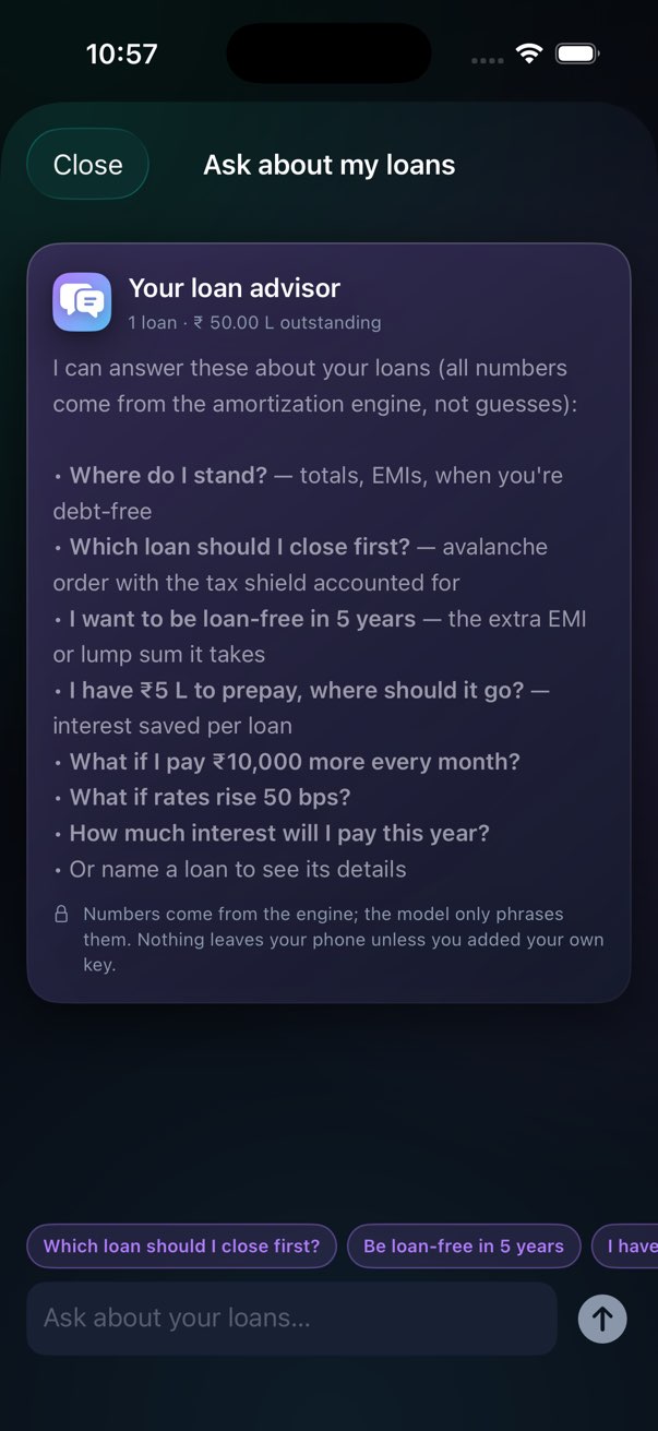 Ask about my loans: the questions it can answer, all computed from the amortization engine.