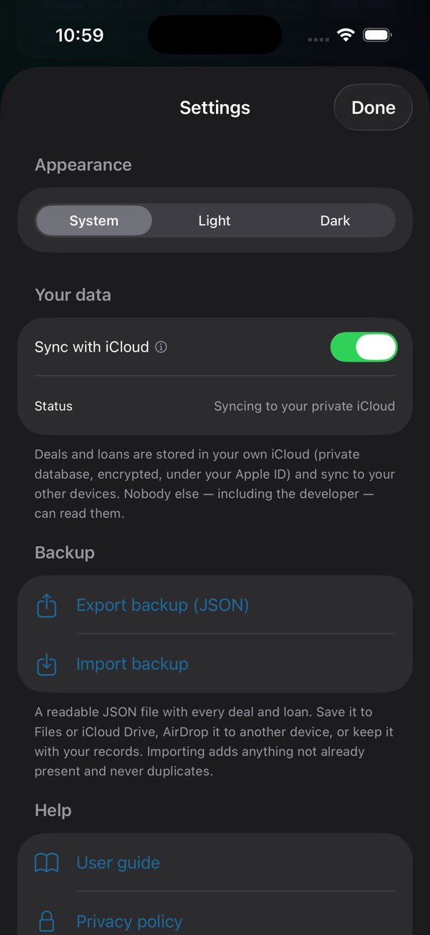 Settings: Sync with iCloud toggle and status, and Export backup / Import backup.
