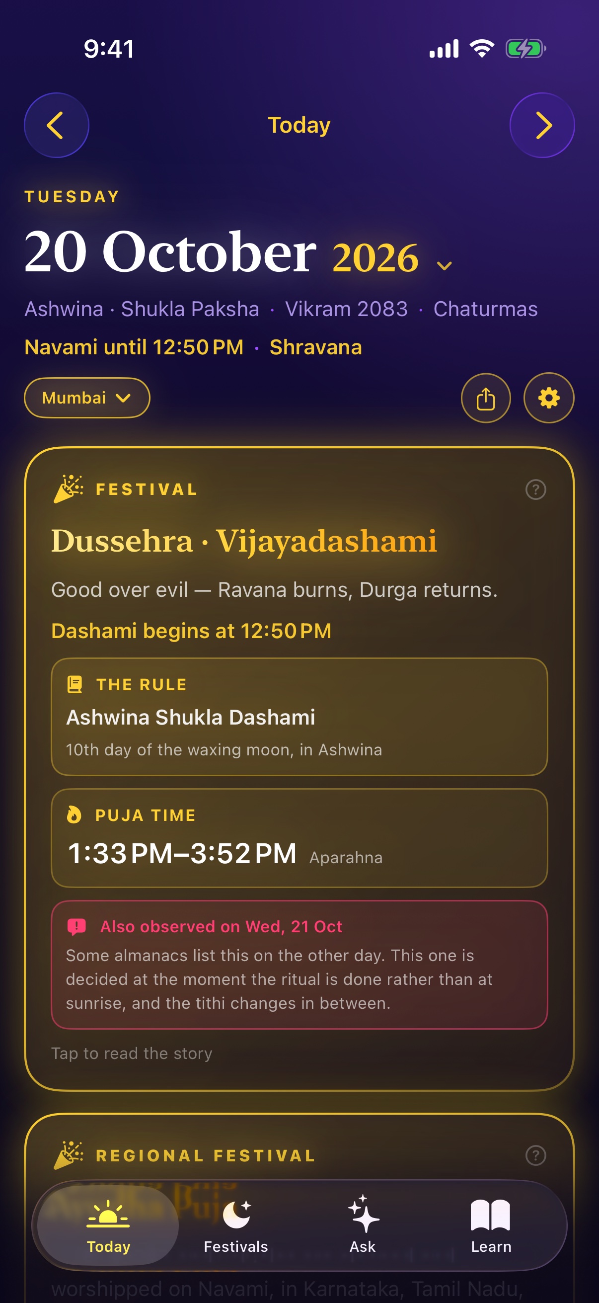Muhurtha's Today screen showing a fast, a tithi birthday and the day's windows