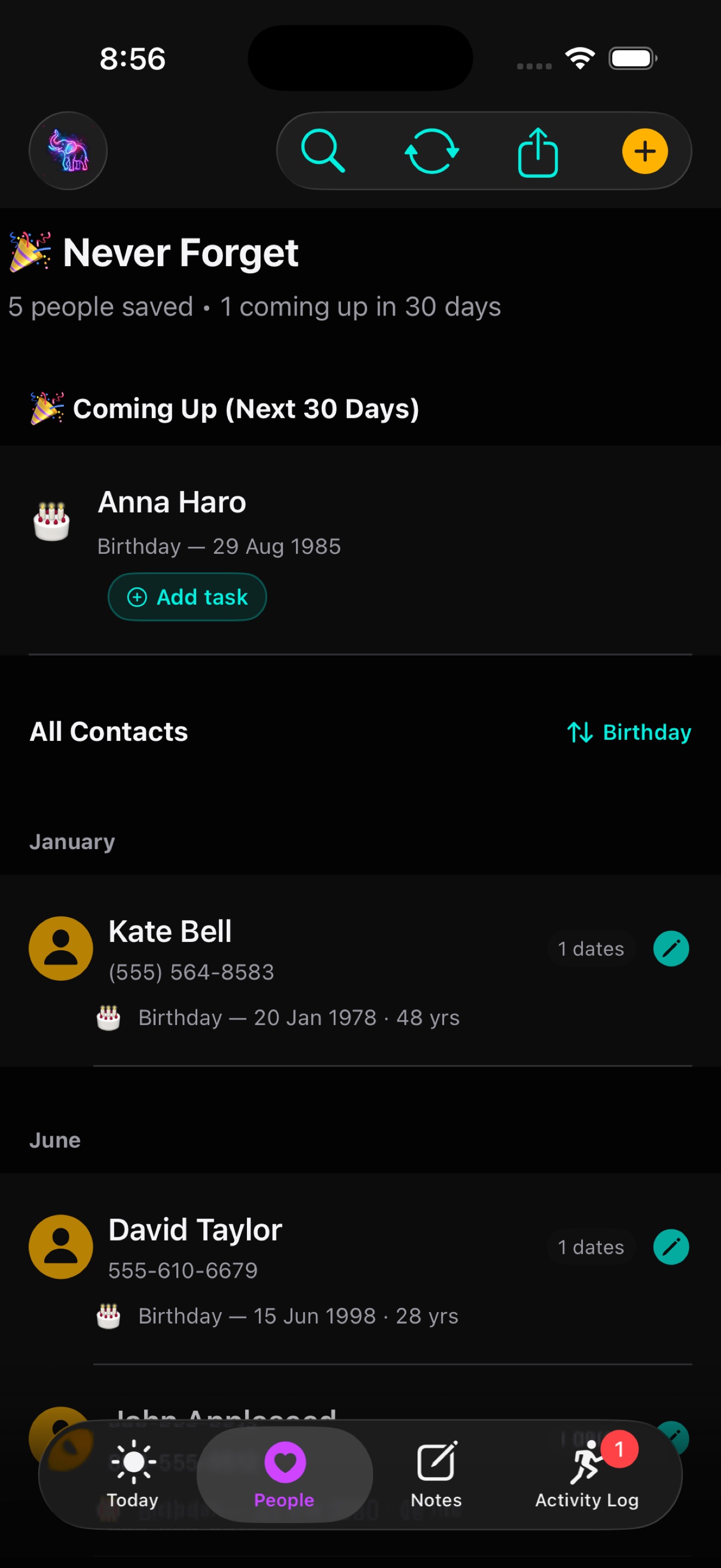 People tab with birthday countdowns and Add task chip